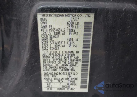 2008 Nissan Pathfinder Le from USA, damaged, VIN 5N1AR18U28C616702
